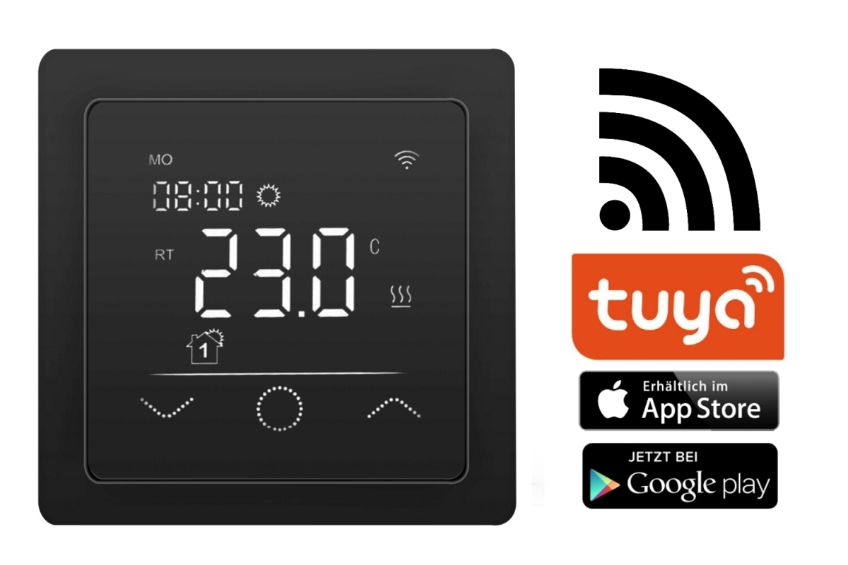 HoWaTech Temperaturregler WLAN Touch 750 schwarz | für elektrische Fußbodenheizung | tuya App